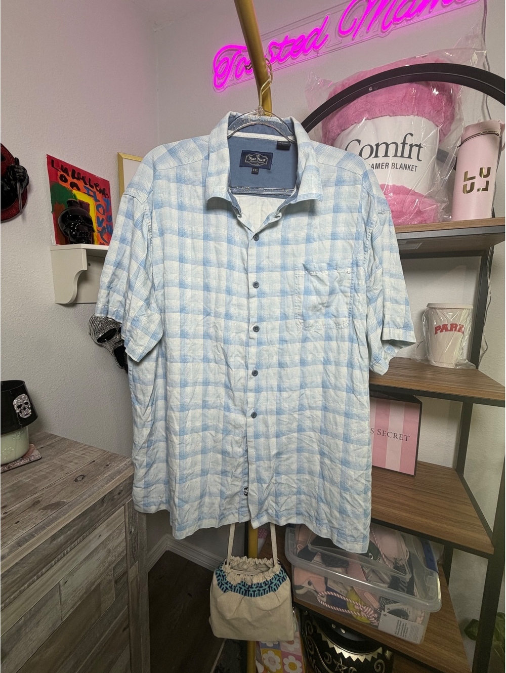 Nat Nast XXL Short Sleeve Light Blue Plaid Shirt 70% Silk